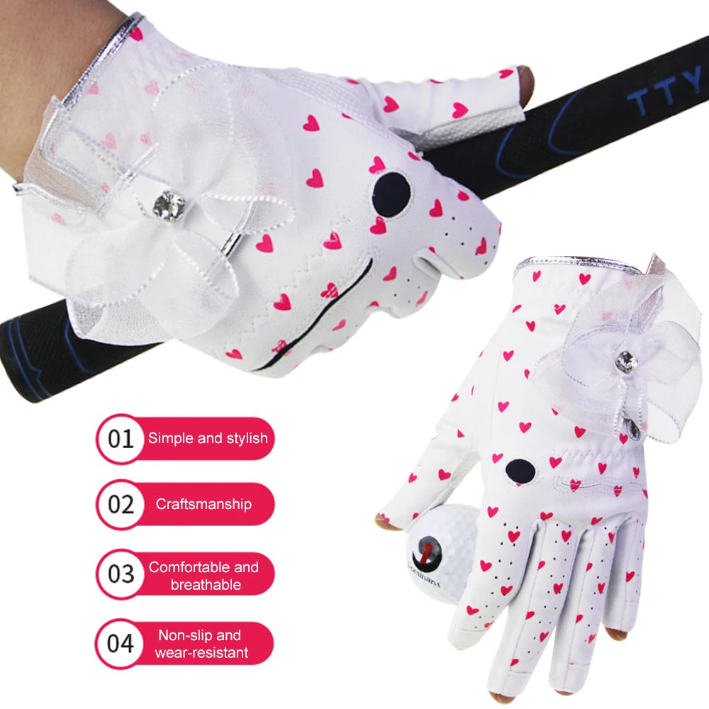 1 Pair Womens Golf Gloves Ladies Soft Sport Gloves Bow-knot Heart Shape Pattern Breathable Non-slip