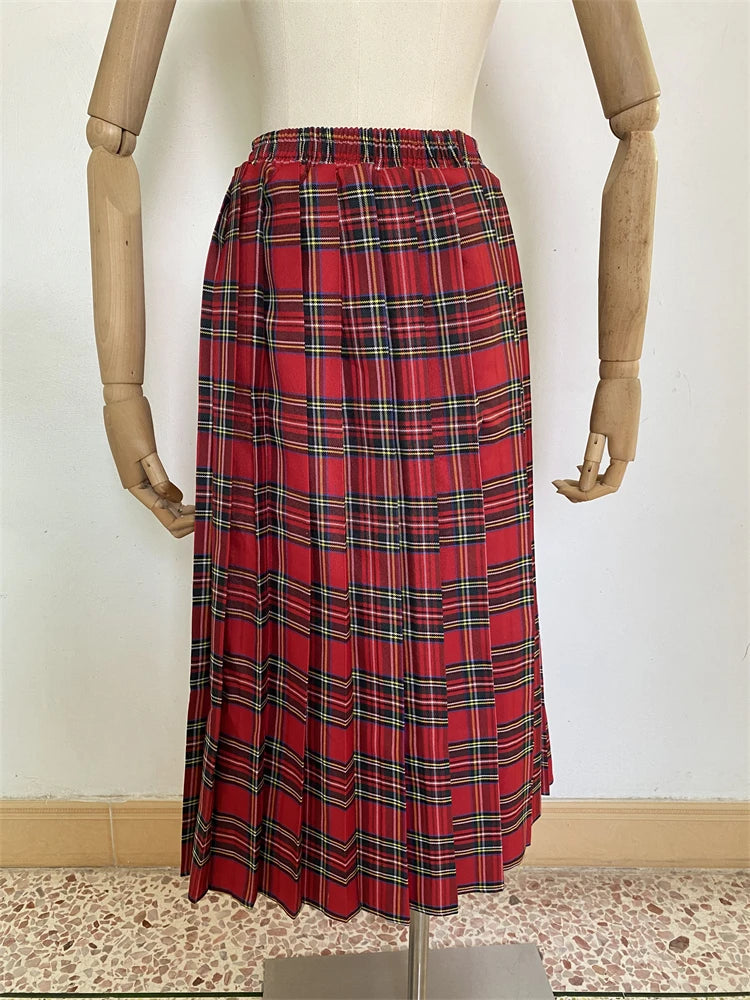 Women's Red Plaid Pleated Mid Length Skirt A-line Elastic Waist Long Skirt