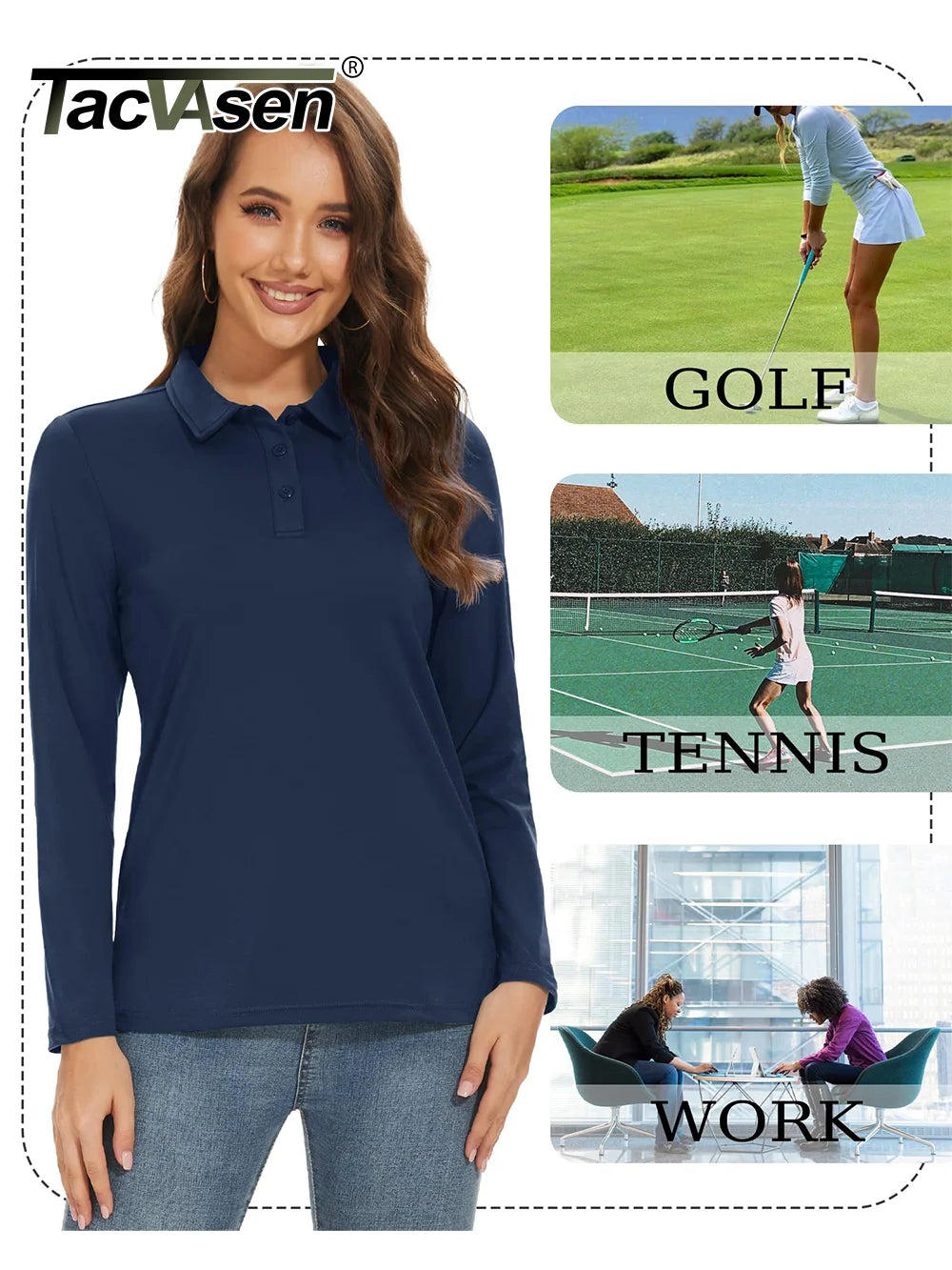 SPF 50+ Golf Polos Shirts Womens Quick Dry Long Sleeved T-shirts Outdoor Pull Over Tops