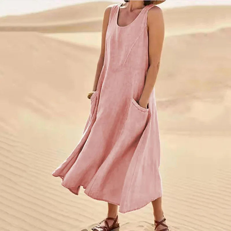 Cotton Linen Long Dresses for Women Summer Solid Color Sleeveless Boho Maxi Dress Pocket Loose Tank Dress Plus Size 5XL