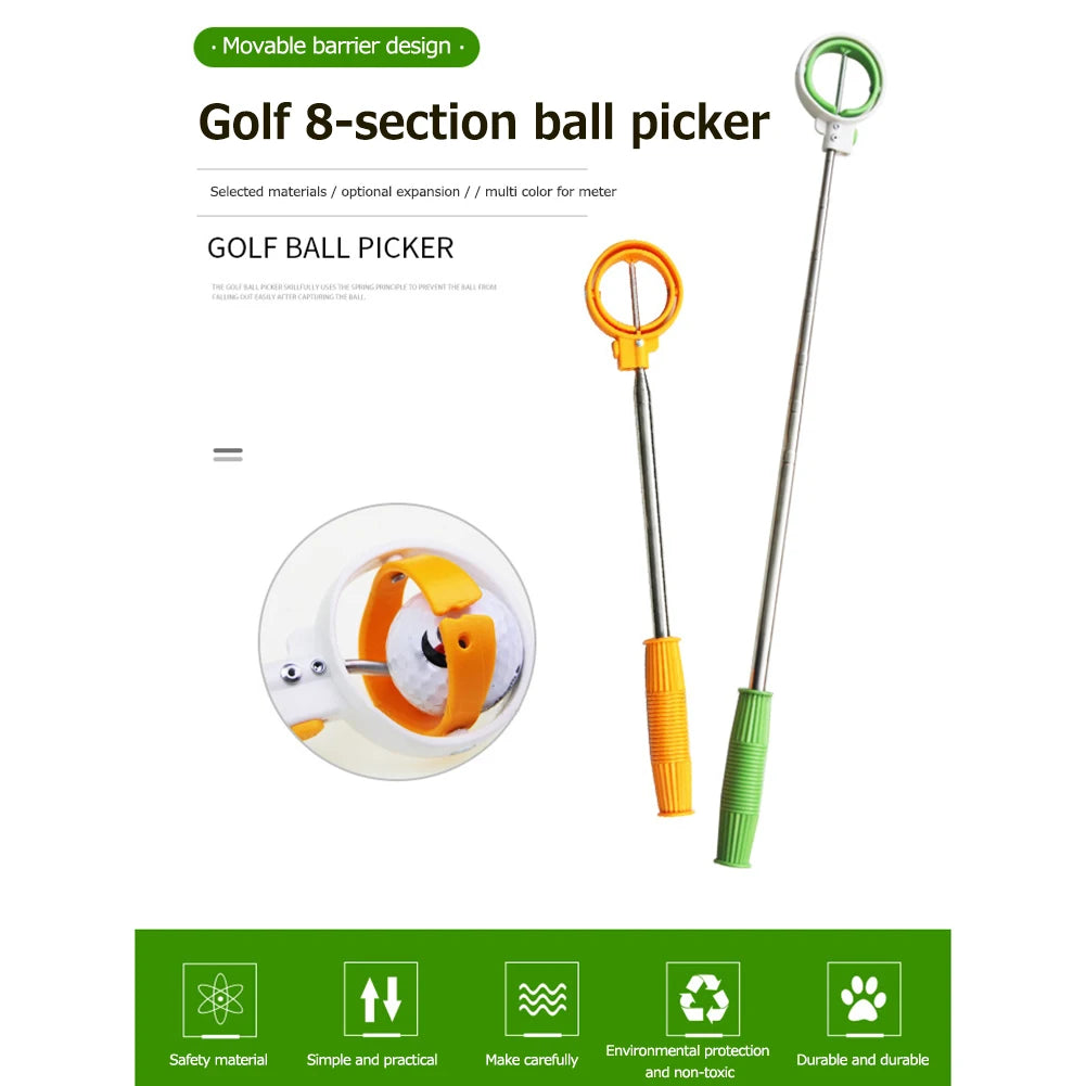 Golf Ball Retriever 8 Sections Golf Ball Retriever Rubber Grip Stainless Steel Shaft Extendable Golf Ball Grabber Tool