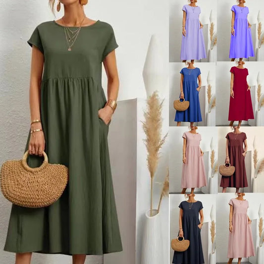 Women Vintage Solid Dress Summer Elegant O Neck Short Sleeved Cotton / Linen Dresses Female Casual Loose Sundress