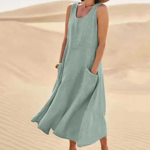 Cotton Linen Long Dresses for Women Summer Solid Color Sleeveless Boho Maxi Dress Pocket Loose Tank Dress Plus Size 5XL
