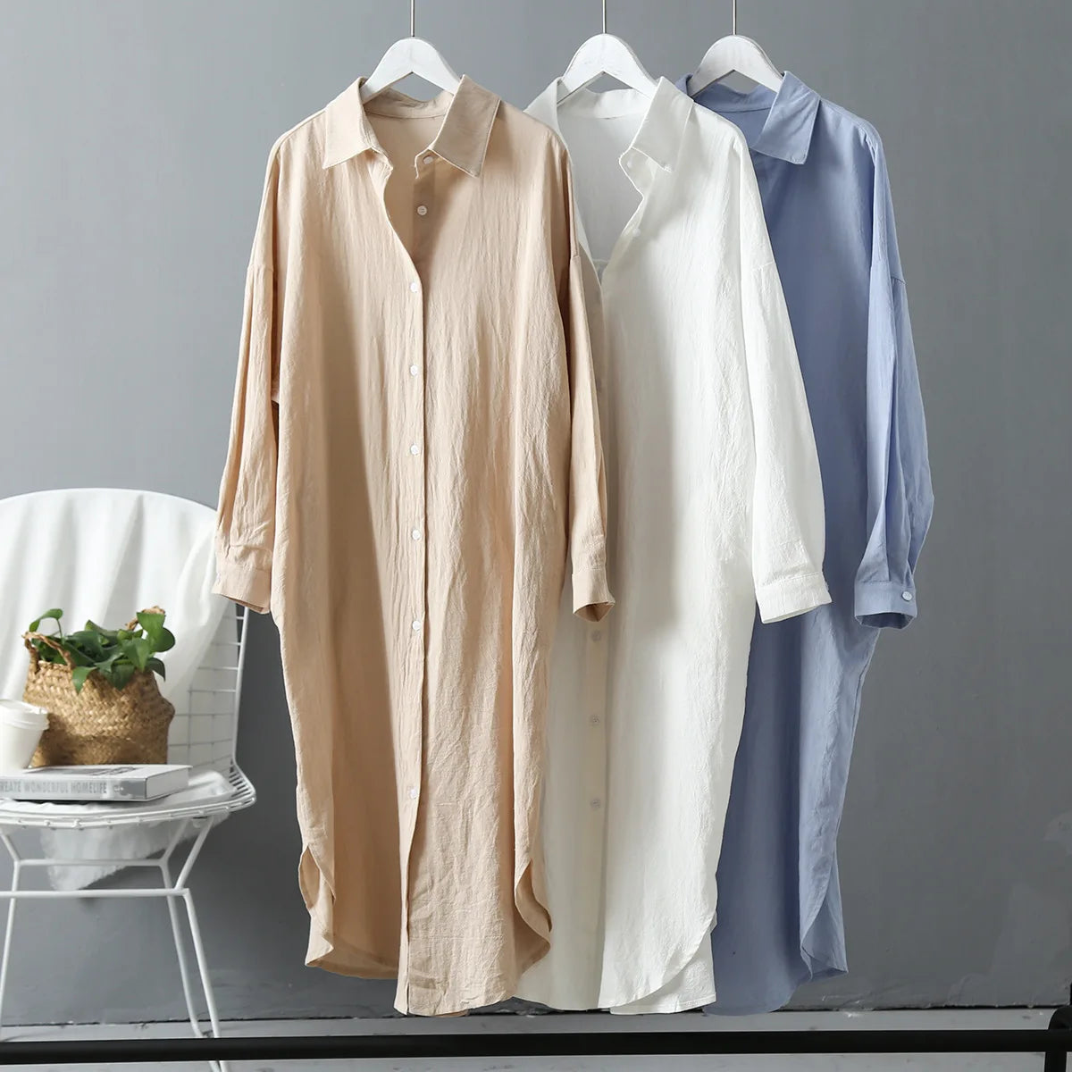 Spring Casual Women's Blouses Vintage Linen Cotton Mid-Length Shirt Dress