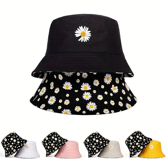 Daisy Double-Sided, Bucket Hats, Women's Embroidery Folded Golf Sun Hat.