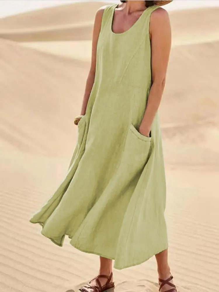 Cotton Linen Long Dresses for Women Summer Solid Color Sleeveless Boho Maxi Dress Pocket Loose Tank Dress Plus Size 5XL