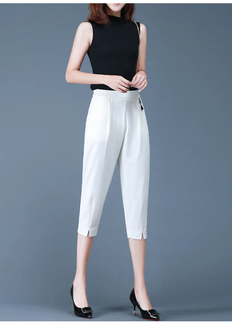 Quality White Cropped Pants With Elastic Waist for Women's Loose Fitting Oversized 5XL Fit Versatile