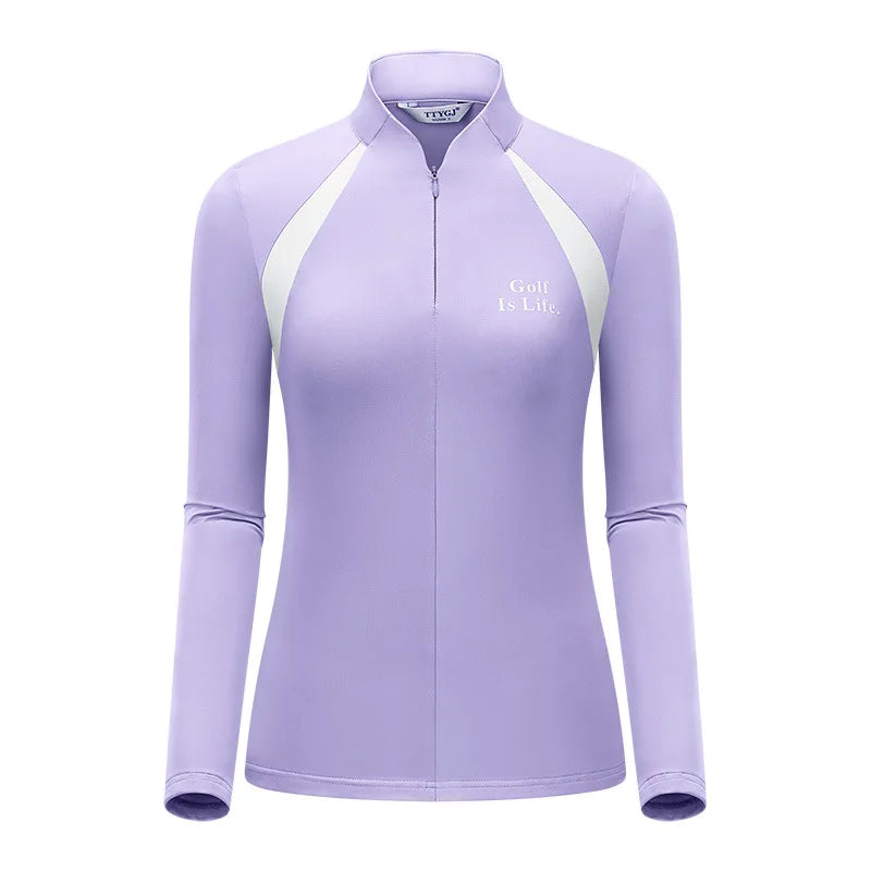 TTYGJ Women Elastic Quick Dry Golf Shirt Ladies Patchwork Long Sleeve Tops Women Slim Zipper Collar T-shirt Sport Golf Clothing