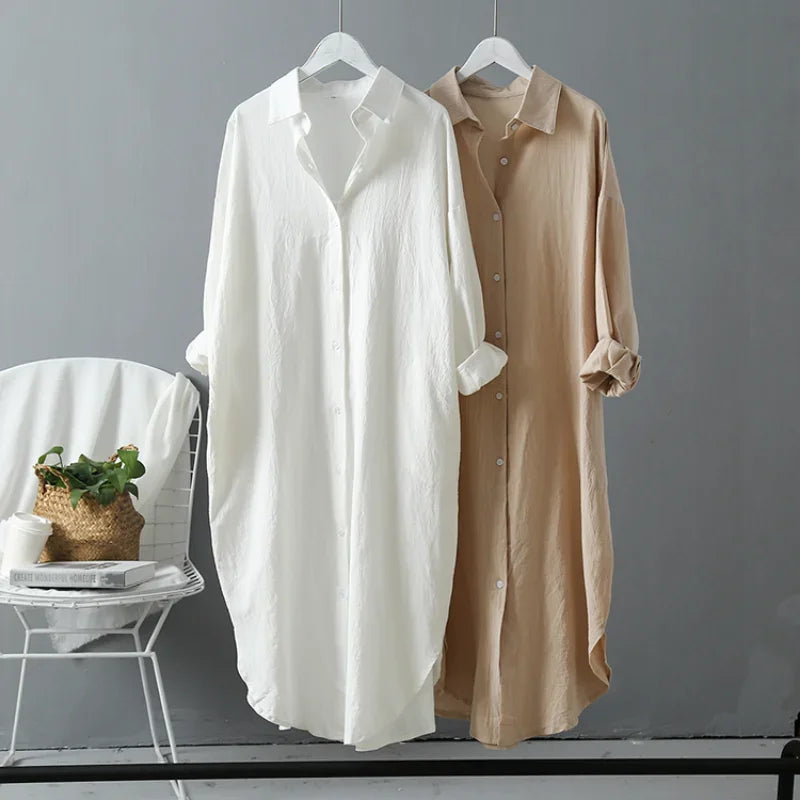 Spring Casual Women's Blouses Vintage Linen Cotton Mid-Length Shirt Dress