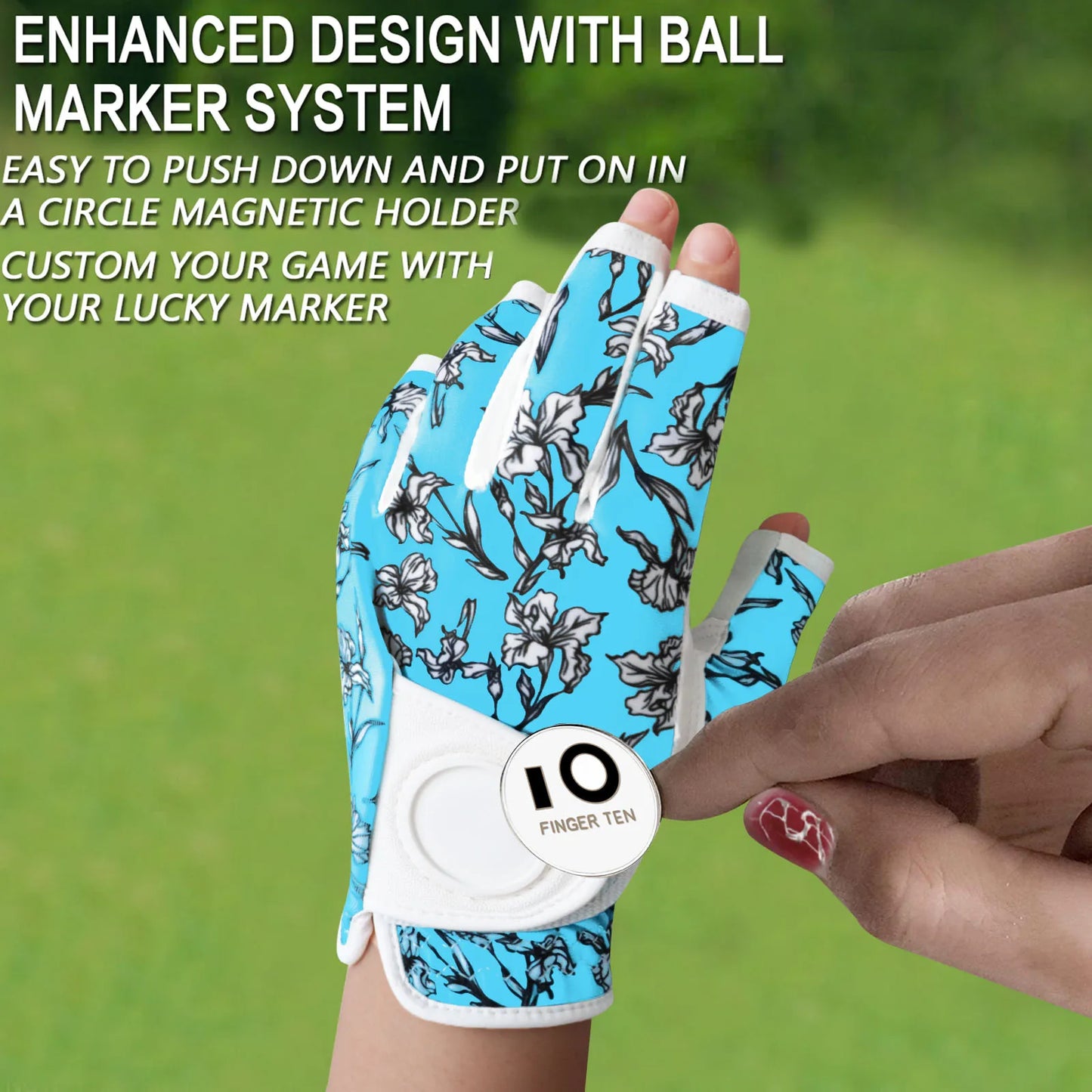 All Weather Golf Gloves Women Left Hand Leather with Ball Marker Half Finger