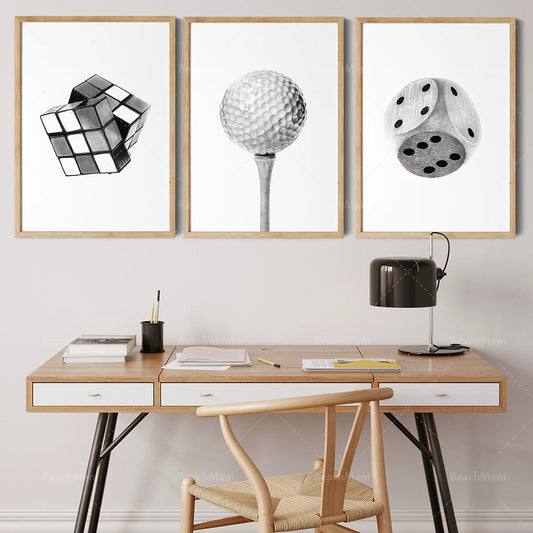 Realistic Game, Dice, Golf Ball, Canvas Print, Graphic Art Deco Poster, Black And white Wall Art