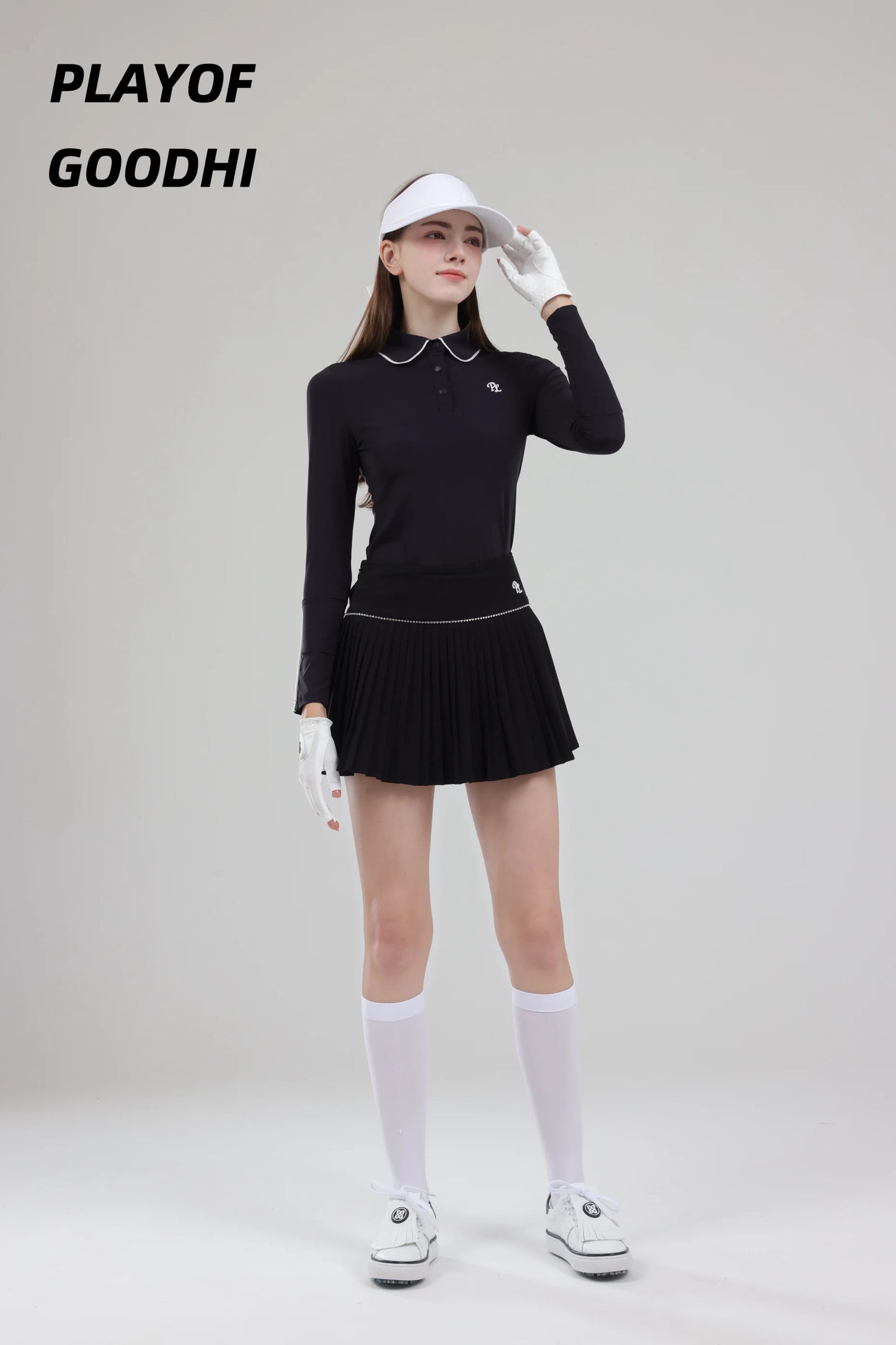 Golf Clothing Long Sleeved Golf T-shirt Women Polo Collar Golf Tops High-Waisted Pleated Skirt / Skorts with Inner Short