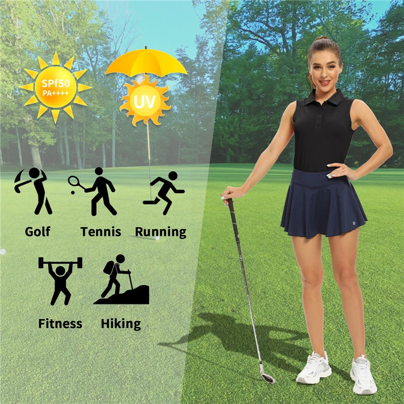 Women Sleeveless Golf Shirts Quick Dry 50+ UV Protection V-Neck with Collar Lightweight Tops