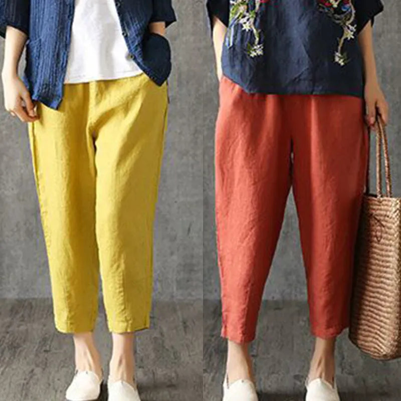 Women's Harem Pants Summer Cotton Linen Capri Pants Breathable Ankle-length Trousers Pant Solid