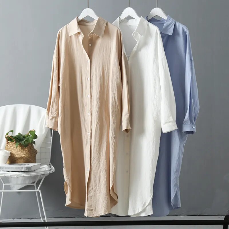 Casual Women's Blouse Dress Vintage Linen/Cotton Mid-Length Shirt Dress