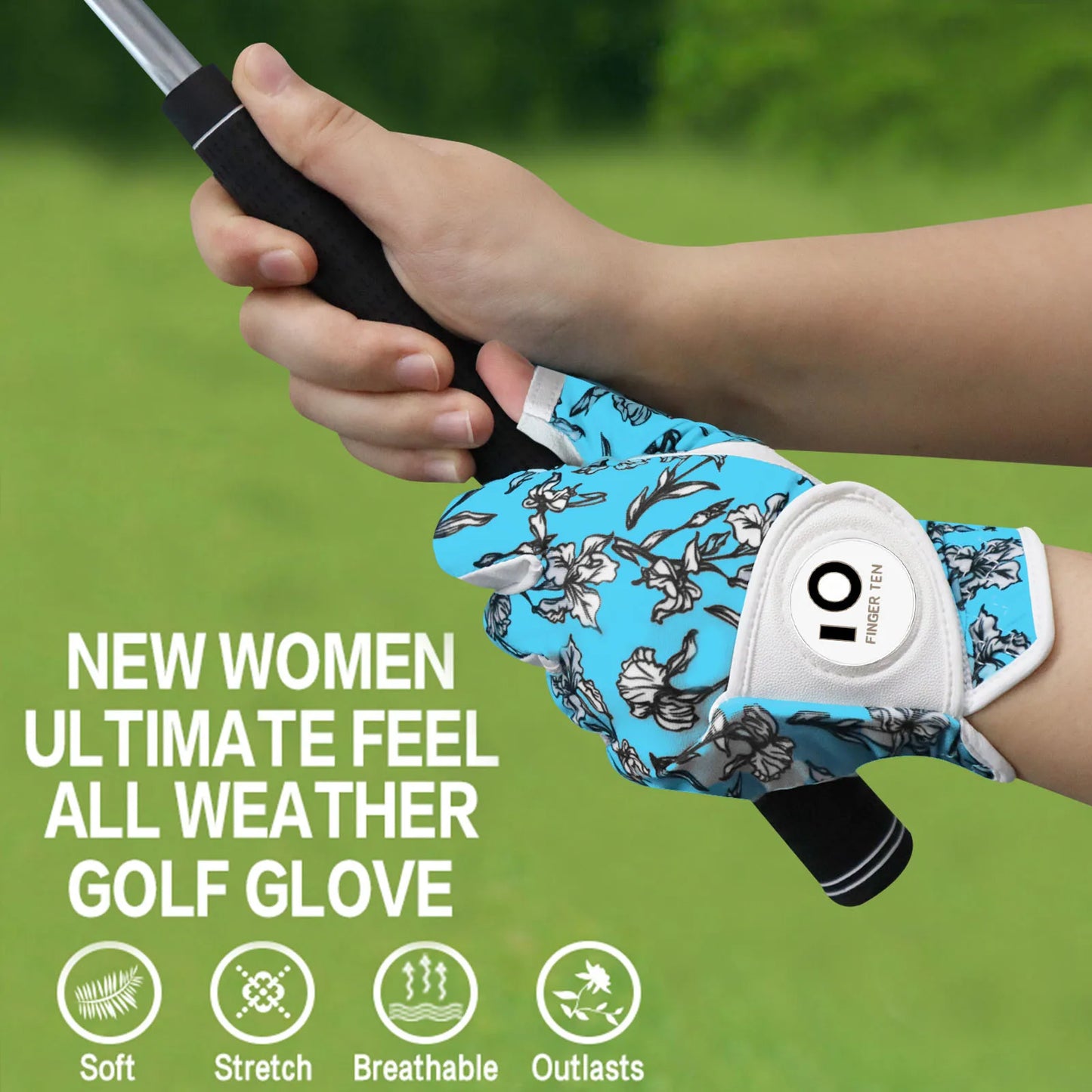 All Weather Golf Gloves Women Left Hand Leather with Ball Marker Half Finger