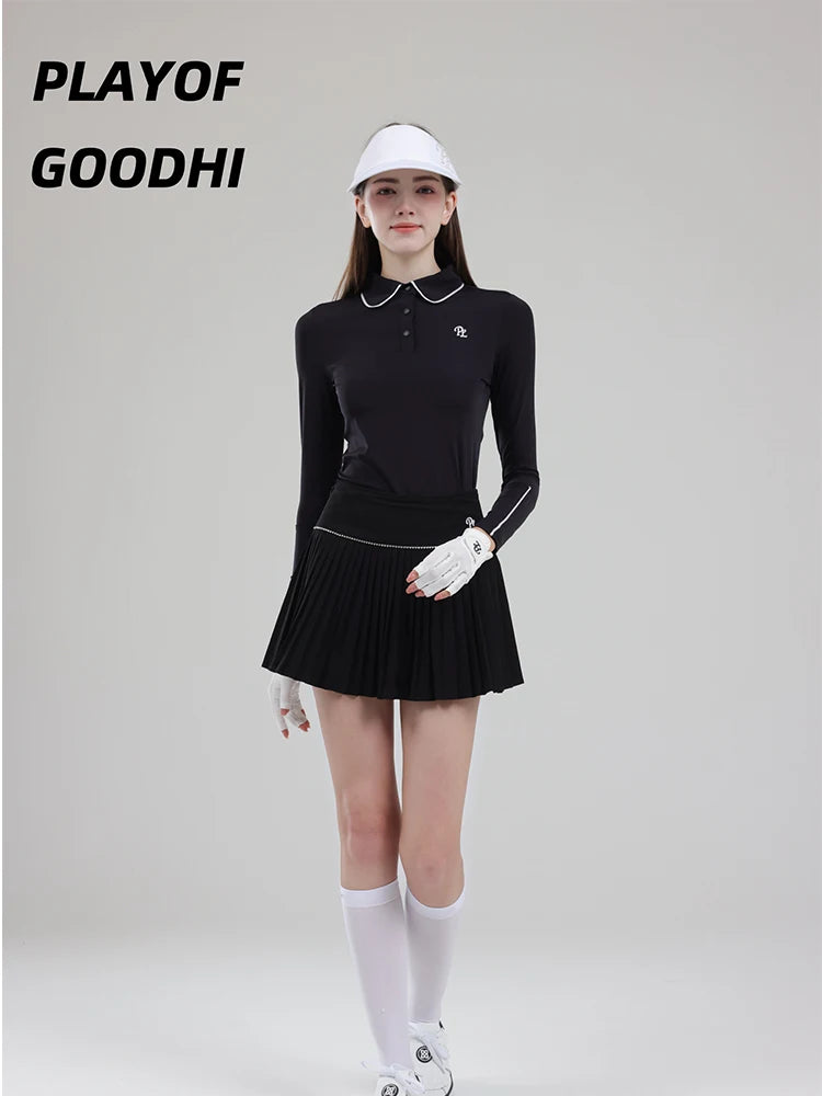 Golf Clothing Long Sleeved Golf T-shirt Women Polo Collar Golf Tops High-Waisted Pleated Skirt / Skorts with Inner Short