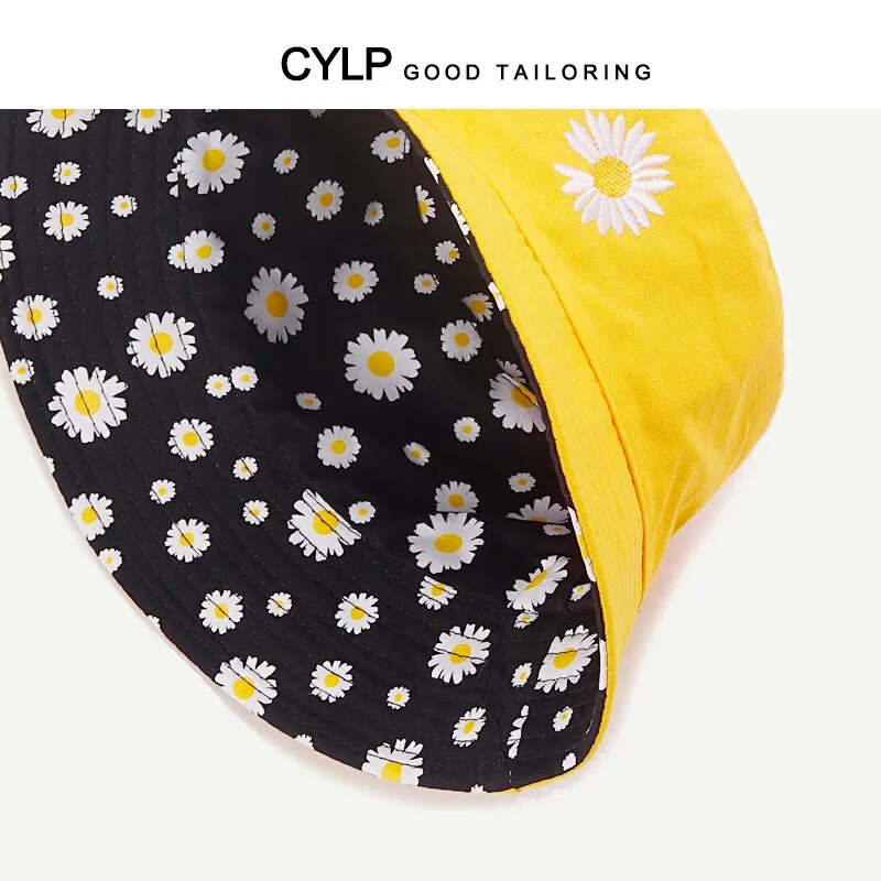 Daisy Double-Sided, Bucket Hats, Women's Embroidery Folded Golf Sun Hat.