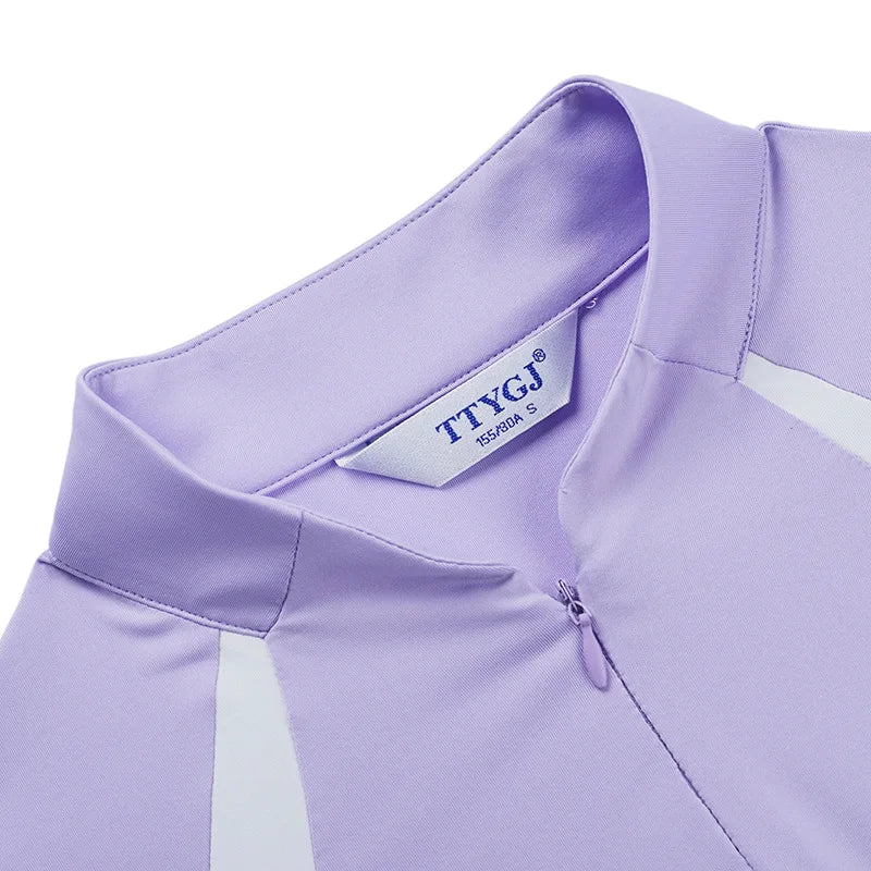 TTYGJ Women Elastic Quick Dry Golf Shirt Ladies Patchwork Long Sleeve Tops Women Slim Zipper Collar T-shirt Sport Golf Clothing