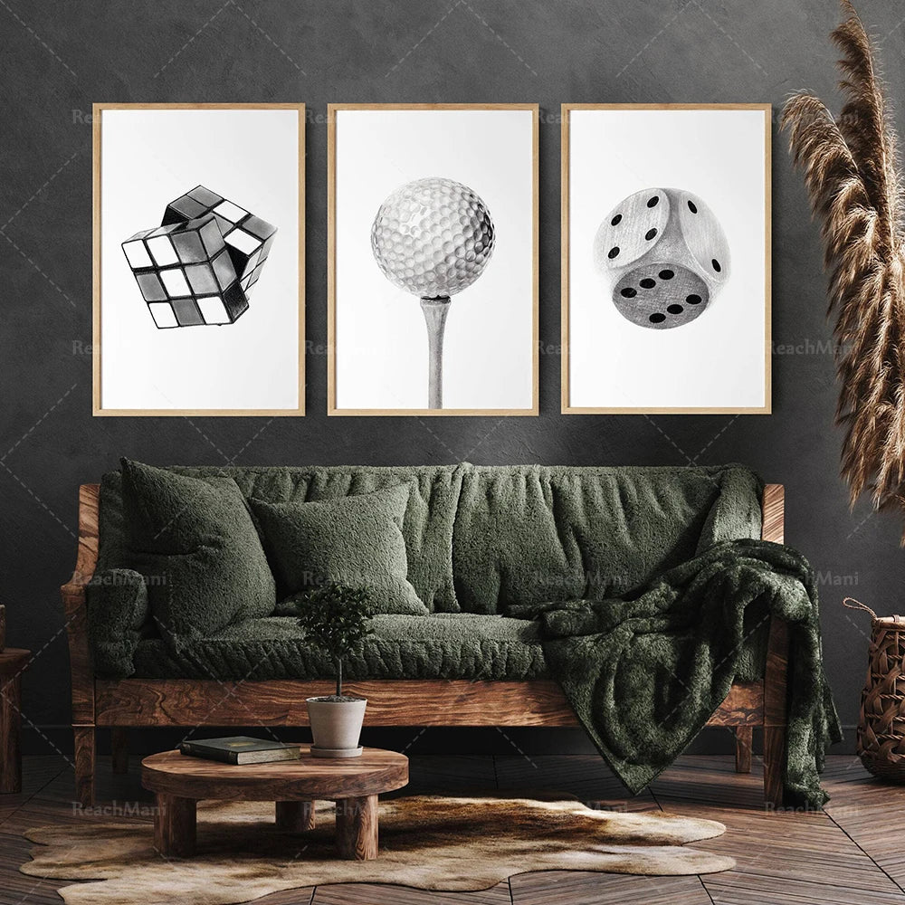 Realistic Game, Dice, Golf Ball, Canvas Print, Graphic Art Deco Poster, Black And white Wall Art