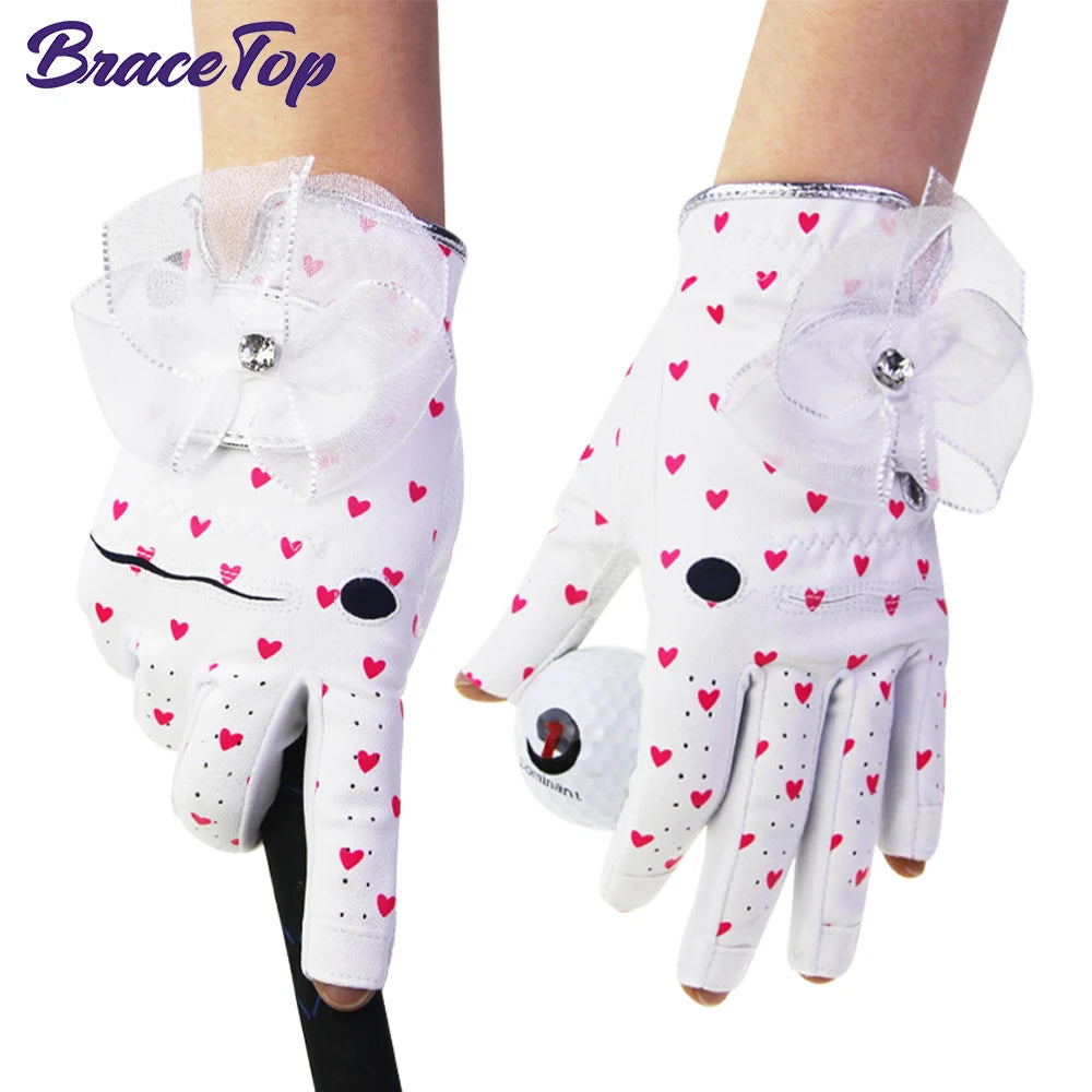 1 Pair Womens Golf Gloves Ladies Soft Sport Gloves Bow-knot Heart Shape Pattern Breathable Non-slip