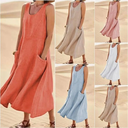 Cotton Linen Long Dresses for Women Summer Solid Color Sleeveless Boho Maxi Dress Pocket Loose Tank Dress Plus Size 5XL