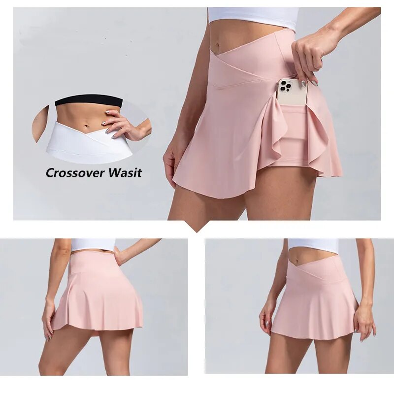 Women Sports Skirt With Pockets Shorts Crossover High Waisted Golf Skort.