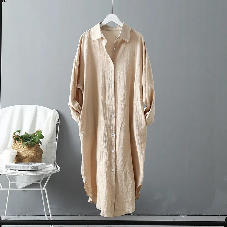 Spring Casual Women's Blouses Vintage Linen Cotton Mid-Length Shirt Dress