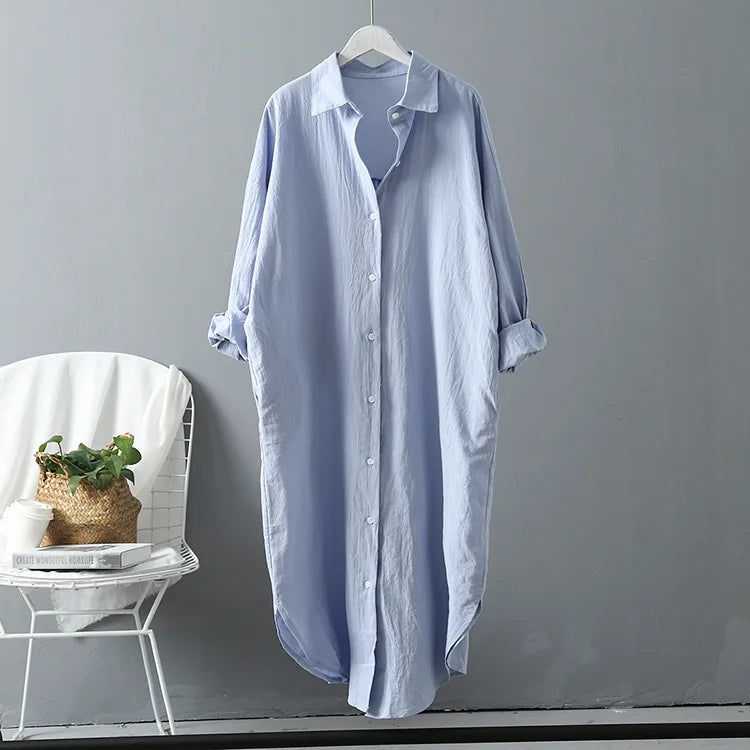 Spring Casual Women's Blouses Vintage Linen Cotton Mid-Length Shirt Dress