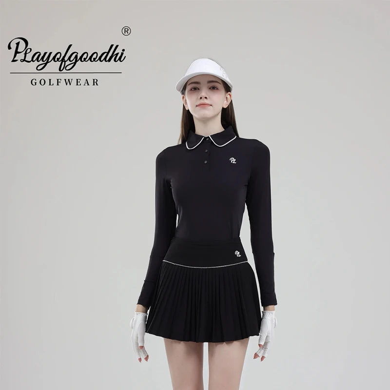 Golf Clothing Long Sleeved Golf T-shirt Women Polo Collar Golf Tops High-Waisted Pleated Skirt / Skorts with Inner Short