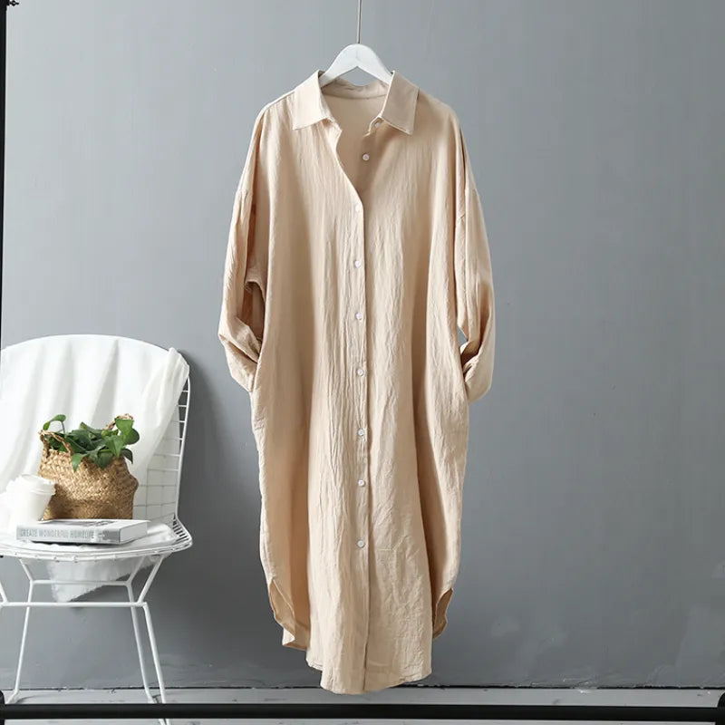 Casual Women's Blouse Dress Vintage Linen/Cotton Mid-Length Shirt Dress