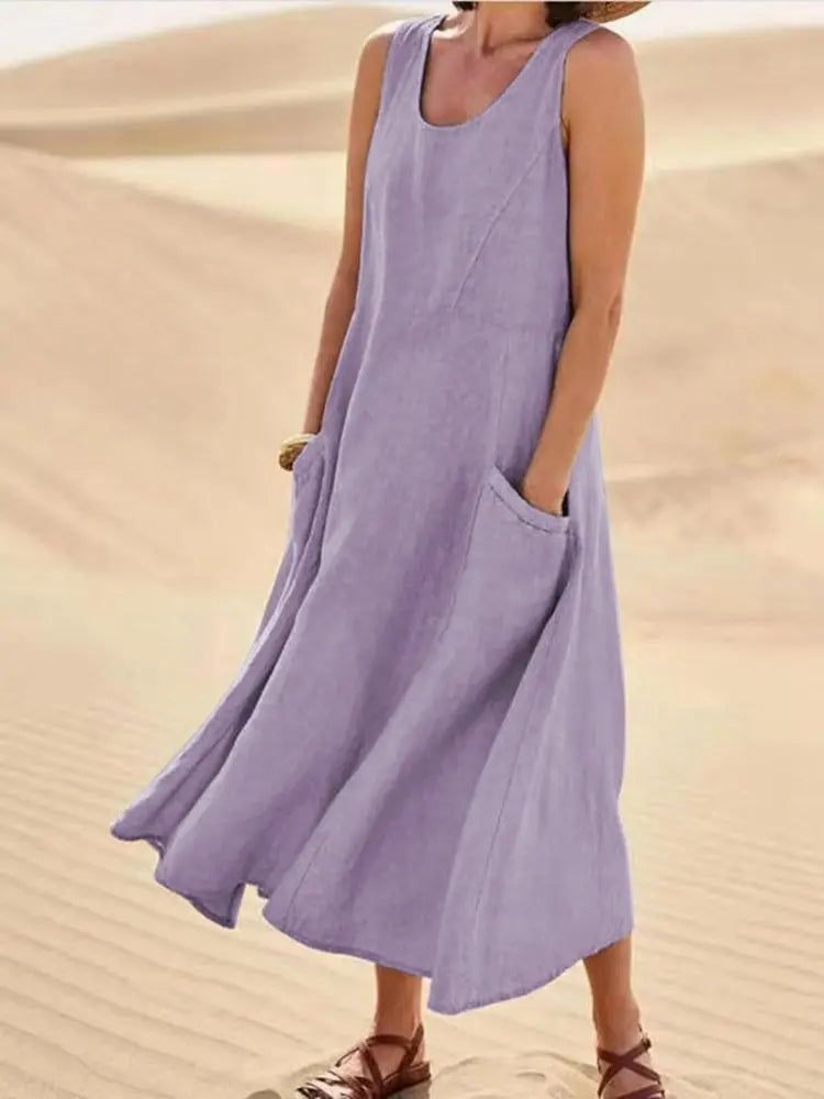 Cotton Linen Long Dresses for Women Summer Solid Color Sleeveless Boho Maxi Dress Pocket Loose Tank Dress Plus Size 5XL