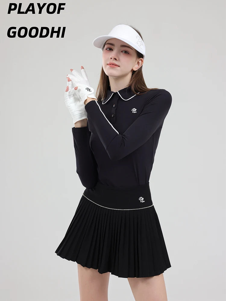 Golf Clothing Long Sleeved Golf T-shirt Women Polo Collar Golf Tops High-Waisted Pleated Skirt / Skorts with Inner Short