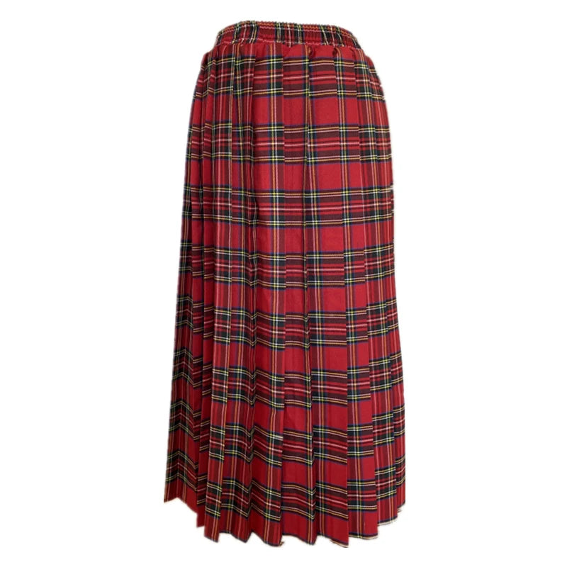 Women's Red Plaid Pleated Mid Length Skirt A-line Elastic Waist Long Skirt