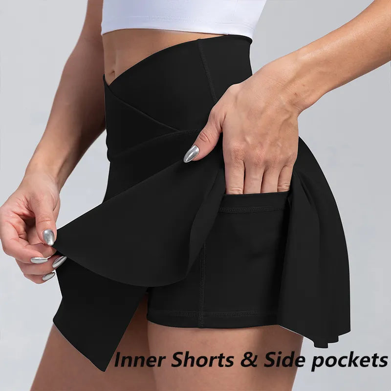 Women Sports Skirt With Pockets Shorts Crossover High Waisted Golf Skort.