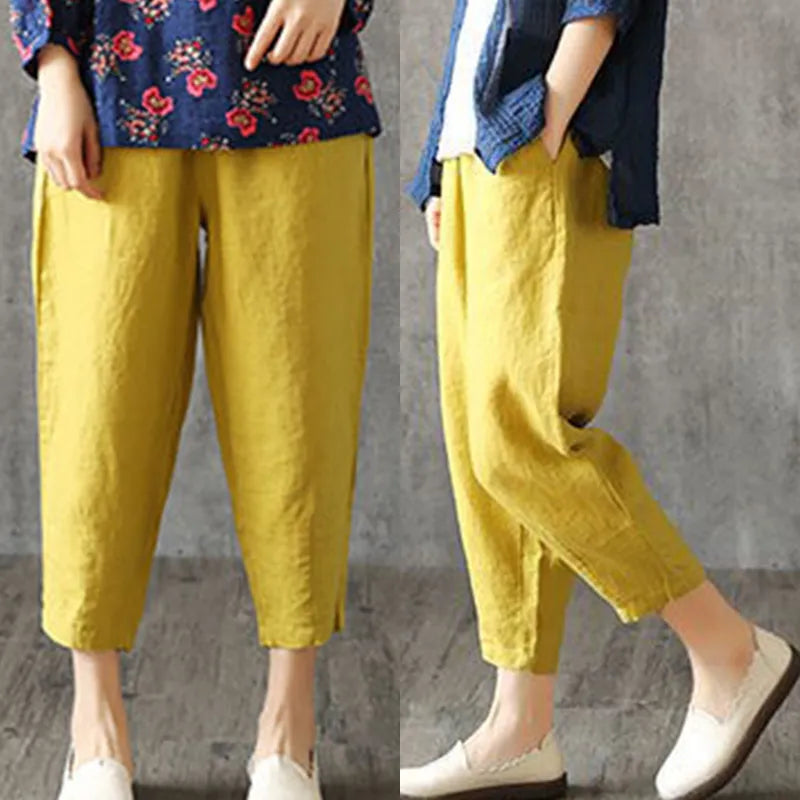 Women's Harem Pants Summer Cotton Linen Capri Pants Breathable Ankle-length Trousers Pant Solid