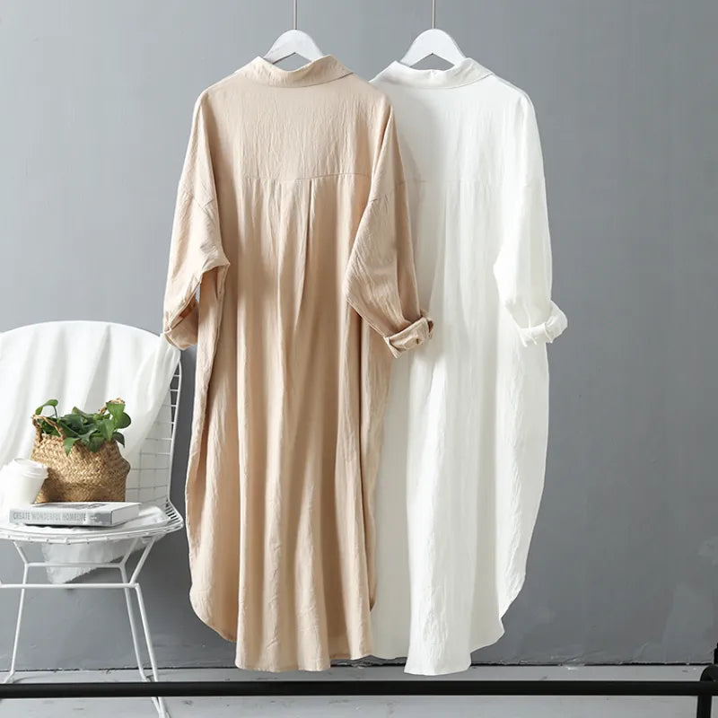 Casual Women's Blouse Dress Vintage Linen/Cotton Mid-Length Shirt Dress