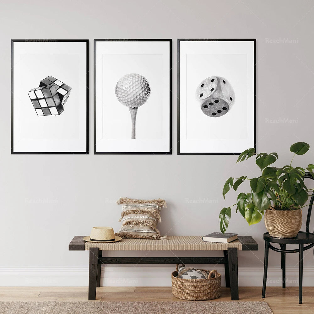 Realistic Game, Dice, Golf Ball, Canvas Print, Graphic Art Deco Poster, Black And white Wall Art