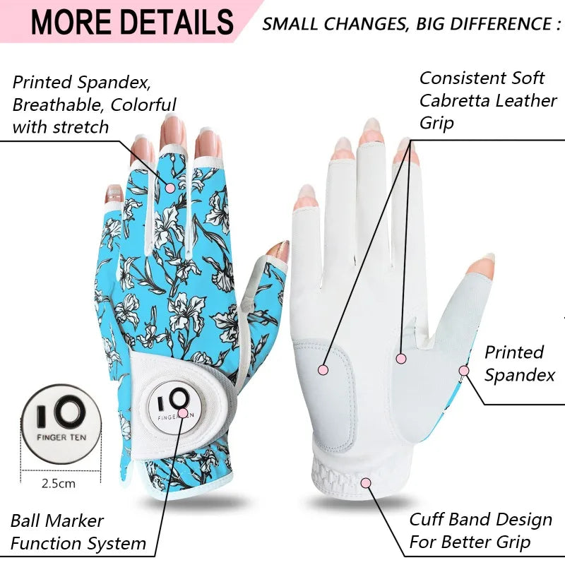 All Weather Golf Gloves Women Left Hand Leather with Ball Marker Half Finger