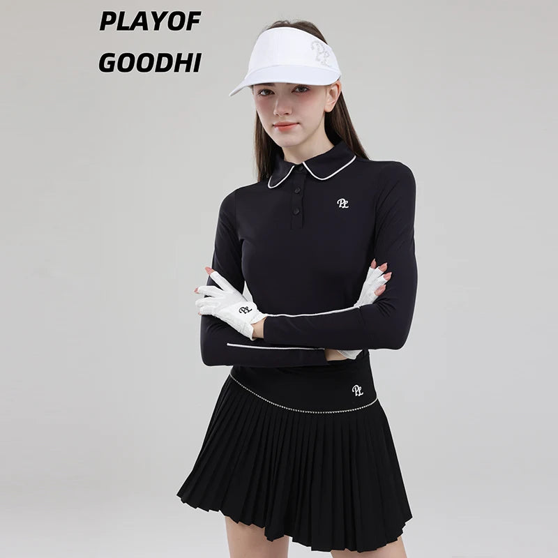 Golf Clothing Long Sleeved Golf T-shirt Women Polo Collar Golf Tops High-Waisted Pleated Skirt / Skorts with Inner Short