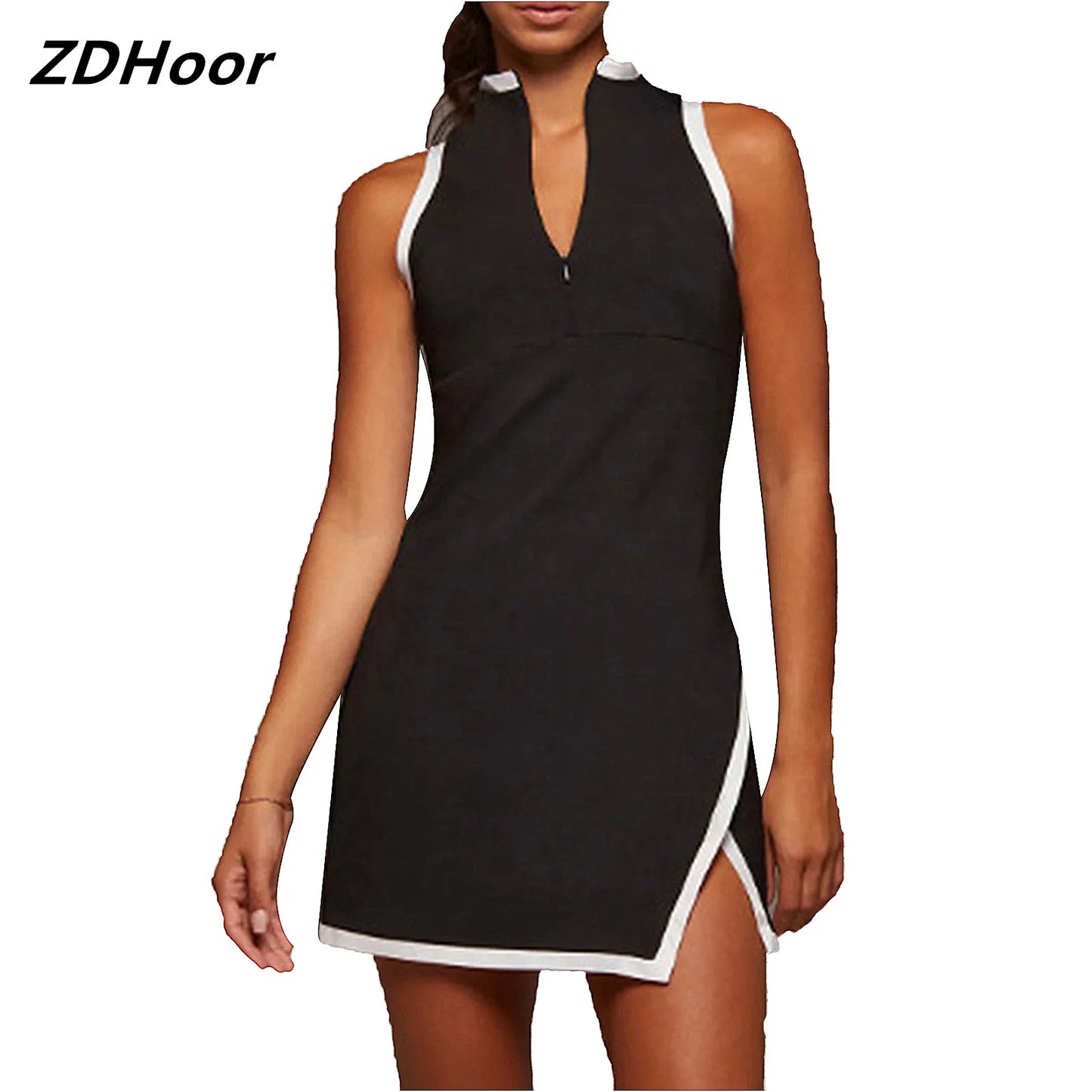 Women Golf Dress Mock Neck Sleeveless Side Split Above Knee Length Golf Dress.