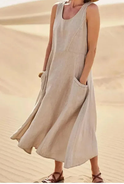 Cotton Linen Long Dresses for Women Summer Solid Color Sleeveless Boho Maxi Dress Pocket Loose Tank Dress Plus Size 5XL
