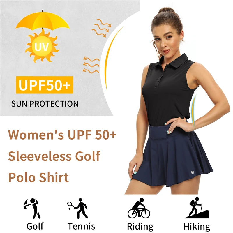 Women Sleeveless Golf Shirts Quick Dry 50+ UV Protection V-Neck with Collar Lightweight Tops