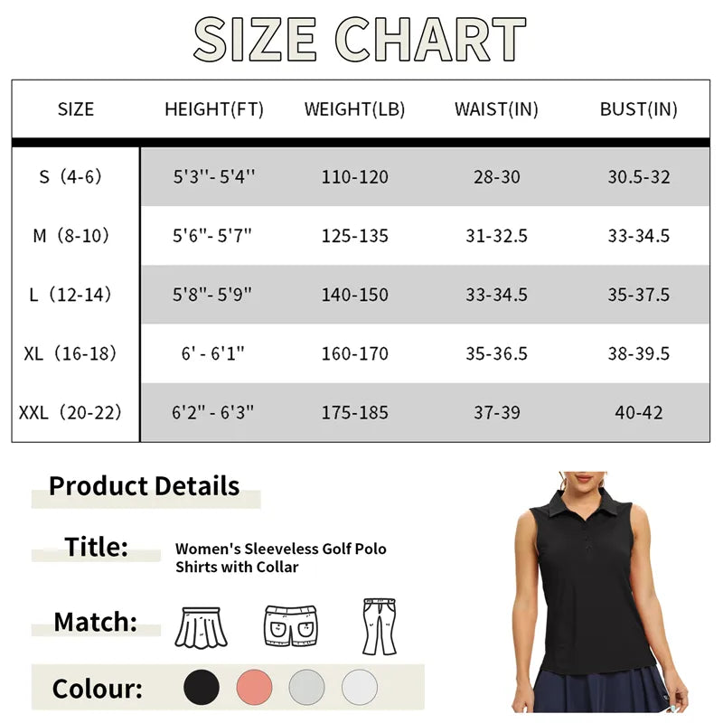 Women Sleeveless Golf Shirts Quick Dry 50+ UV Protection V-Neck with Collar Lightweight Tops