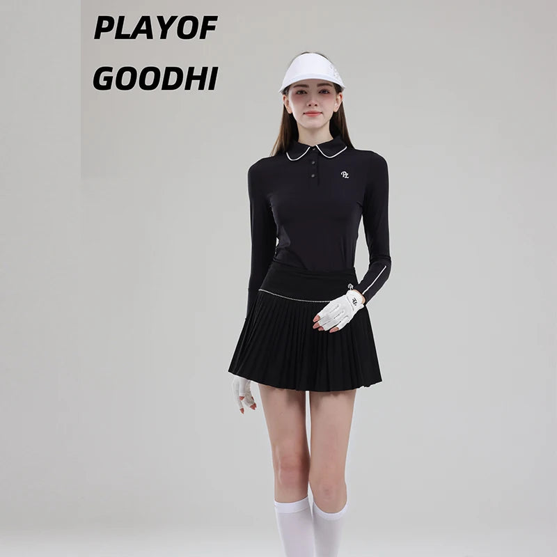 Golf Clothing Long Sleeved Golf T-shirt Women Polo Collar Golf Tops High-Waisted Pleated Skirt / Skorts with Inner Short