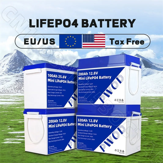 12V 24V LiFePO4 Battery 100Ah 200Ah 280Ah 320Ah Lithium Iron Phosphate Built-in BMS For RV EV Deep Cycle Golf Cart Home Boat Van