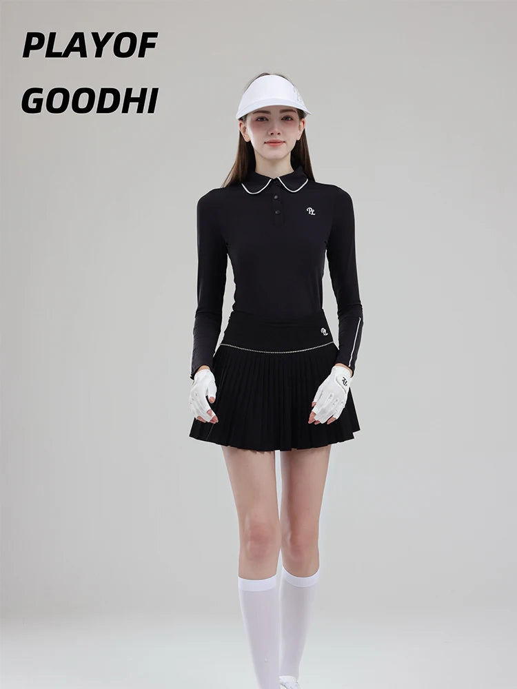 Golf Clothing Long Sleeved Golf T-shirt Women Polo Collar Golf Tops High-Waisted Pleated Skirt / Skorts with Inner Short